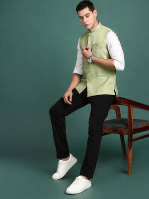 men's solid green slim fit nehru jacket 5