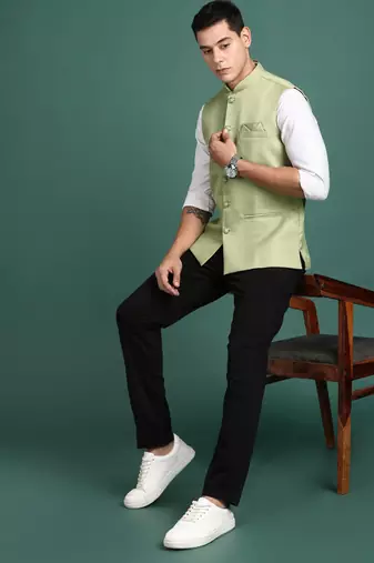 men's solid green slim fit nehru jacket