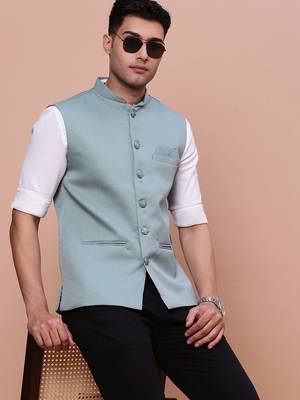 Showoff men's solid sea green slim fit nehru jacket 1