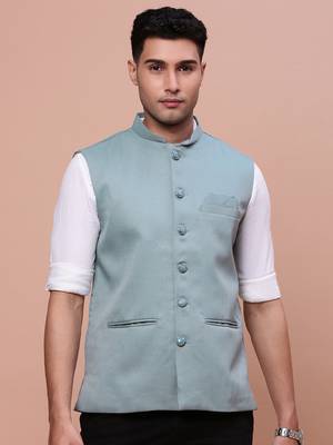Showoff men's solid sea green slim fit nehru jacket 2