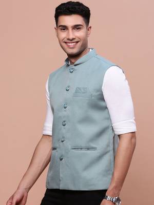 Showoff men's solid sea green slim fit nehru jacket 3