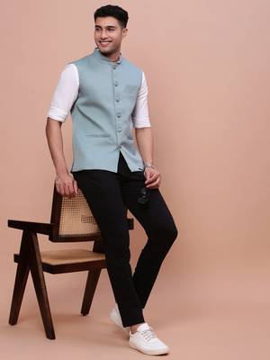 Showoff men's solid sea green slim fit nehru jacket 5