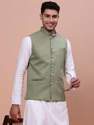men's solid green slim fit nehru jacket 1