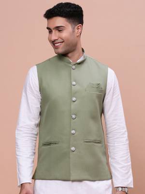 men's solid green slim fit nehru jacket 2