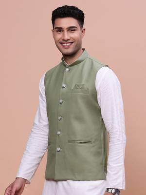 men's solid green slim fit nehru jacket 3