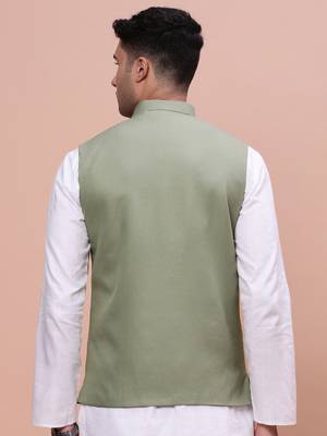 men's solid green slim fit nehru jacket 4
