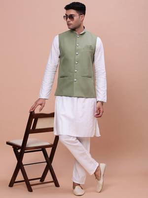 men's solid green slim fit nehru jacket 5