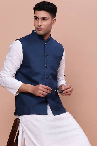 men's solid blue slim fit nehru jacket