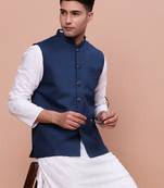 men's solid blue slim fit nehru jacket