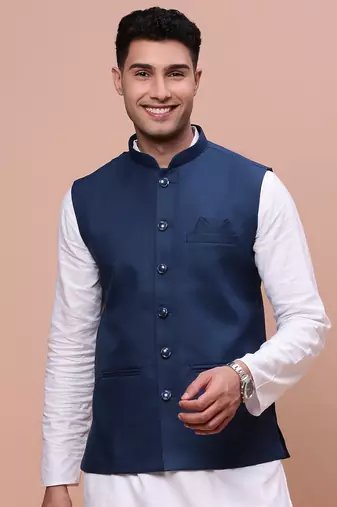 men's solid blue slim fit nehru jacket