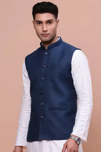 men's solid blue slim fit nehru jacket
