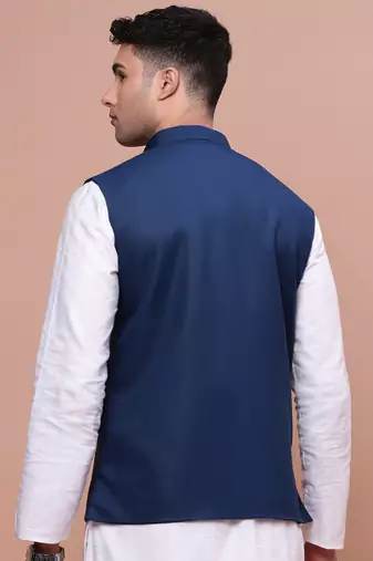 men's solid blue slim fit nehru jacket