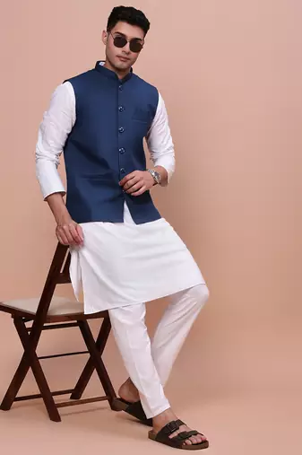 men's solid blue slim fit nehru jacket