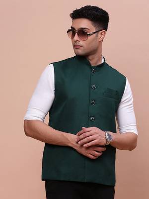 men's solid green slim fit nehru jacket 1