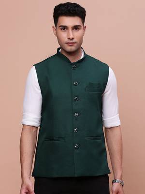 men's solid green slim fit nehru jacket 2