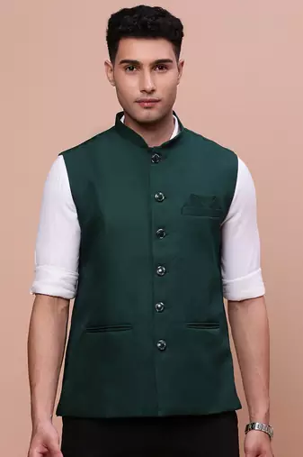 men's solid green slim fit nehru jacket
