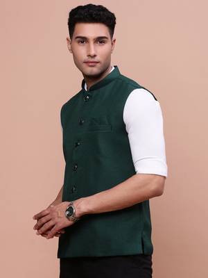 men's solid green slim fit nehru jacket 3
