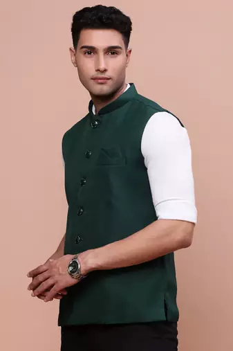 men's solid green slim fit nehru jacket
