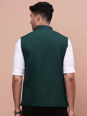 men's solid green slim fit nehru jacket 4