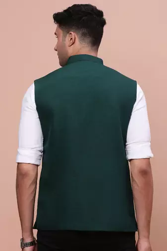 men's solid green slim fit nehru jacket