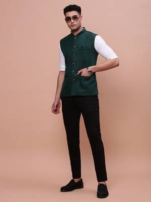 men's solid green slim fit nehru jacket 5