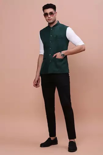 men's solid green slim fit nehru jacket