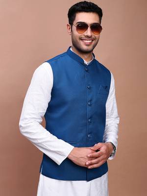 men's solid turquoise blue slim fit nehru jacket 1