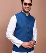 men's solid turquoise blue slim fit nehru jacket