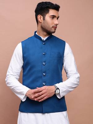 men's solid turquoise blue slim fit nehru jacket 2