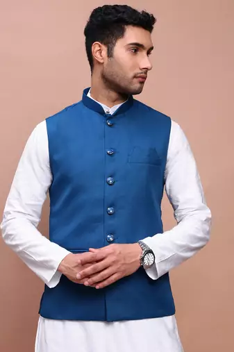 men's solid turquoise blue slim fit nehru jacket