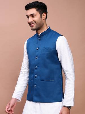 men's solid turquoise blue slim fit nehru jacket 3