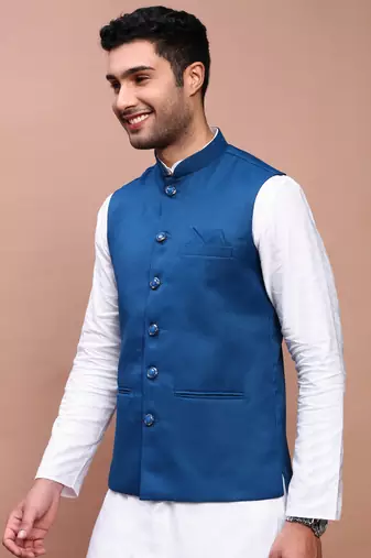 men's solid turquoise blue slim fit nehru jacket