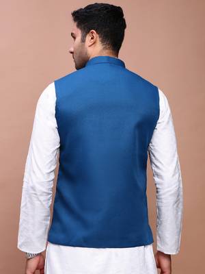 men's solid turquoise blue slim fit nehru jacket 4