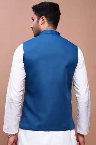 men's solid turquoise blue slim fit nehru jacket