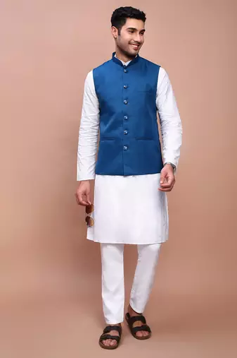 men's solid turquoise blue slim fit nehru jacket