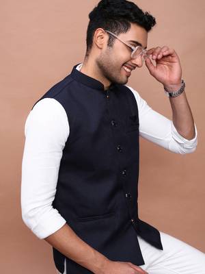 men's solid navy blue slim fit nehru jacket 1