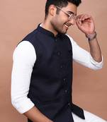 men's solid navy blue slim fit nehru jacket