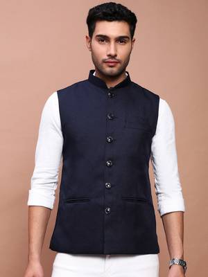 men's solid navy blue slim fit nehru jacket 2