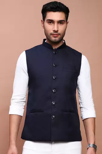 men's solid navy blue slim fit nehru jacket