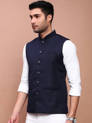 men's solid navy blue slim fit nehru jacket 3