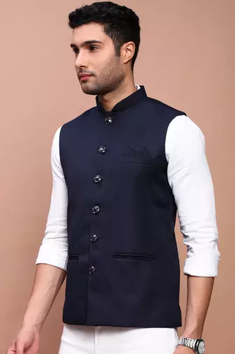 men's solid navy blue slim fit nehru jacket