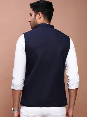 men's solid navy blue slim fit nehru jacket 4