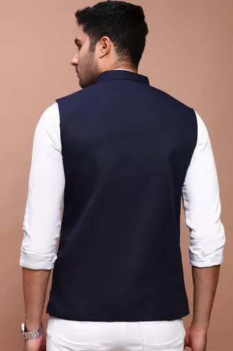 men's solid navy blue slim fit nehru jacket