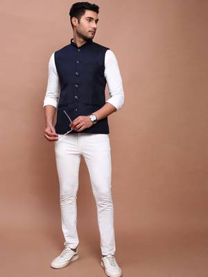 men's solid navy blue slim fit nehru jacket 5