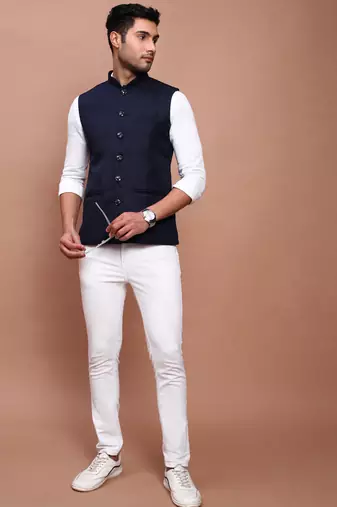 men's solid navy blue slim fit nehru jacket