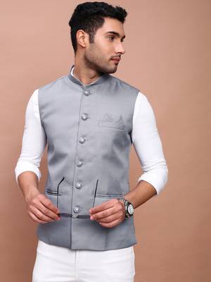 Showoff men's solid grey slim fit nehru jacket 1