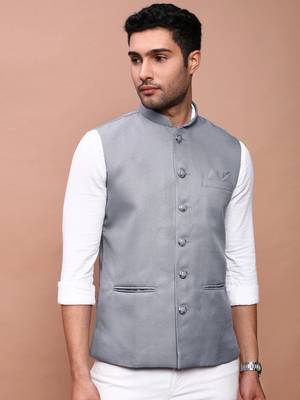 Showoff men's solid grey slim fit nehru jacket 2