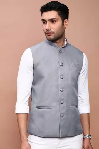 Showoff men's solid grey slim fit nehru jacket