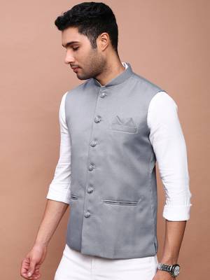 Showoff men's solid grey slim fit nehru jacket 3