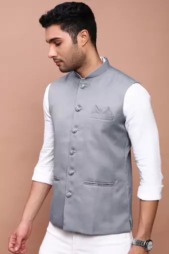 Showoff men's solid grey slim fit nehru jacket